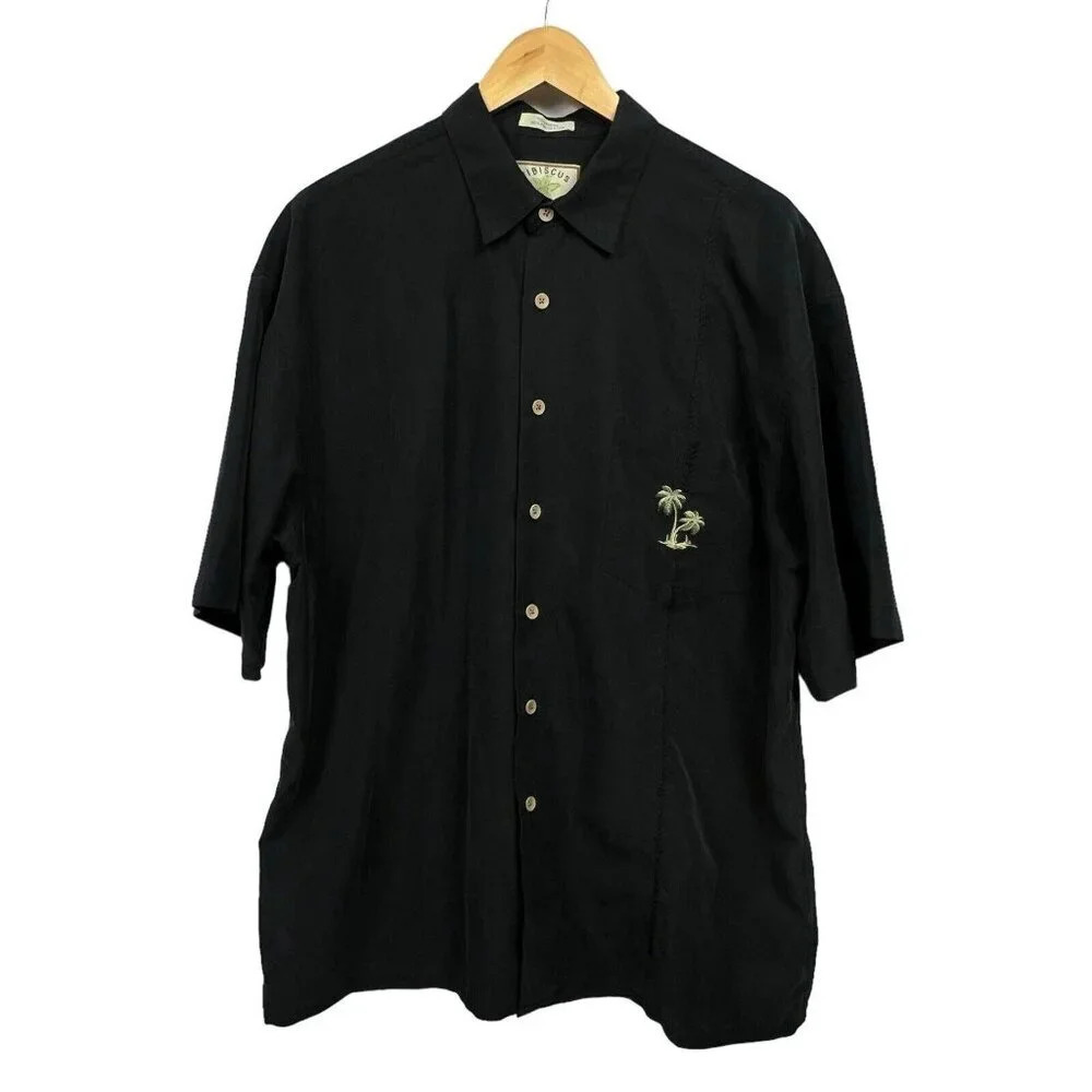 Hibiscus Hawaii Shirt Men's Sz Large Black Tropical Short Sleeve Button Up Palm
